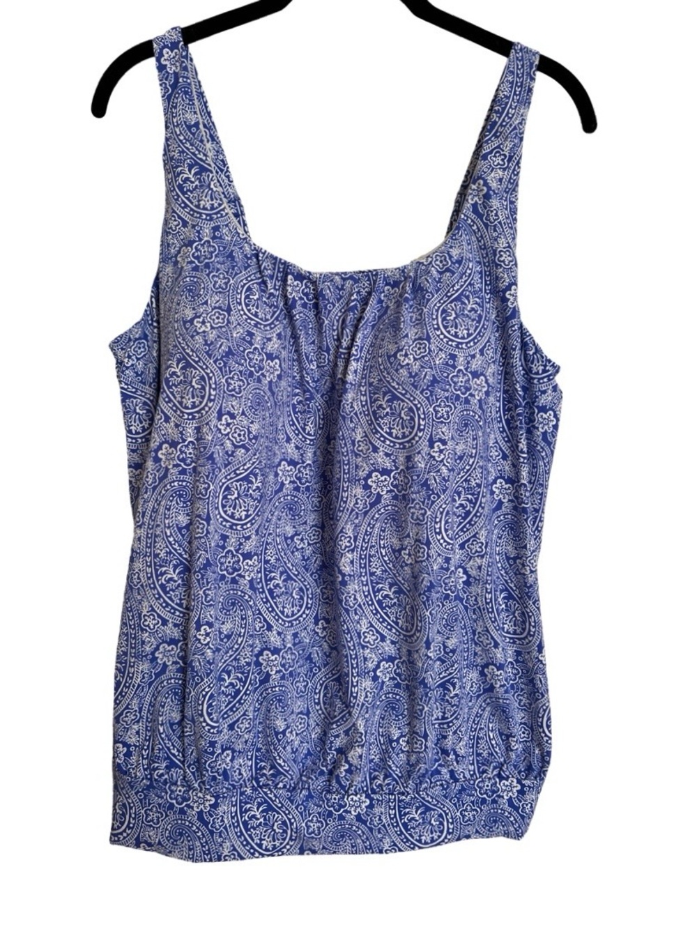 Lands End Galaxy Blue & White Paisley Blouson Banded Bottom Swim Top SZ 16